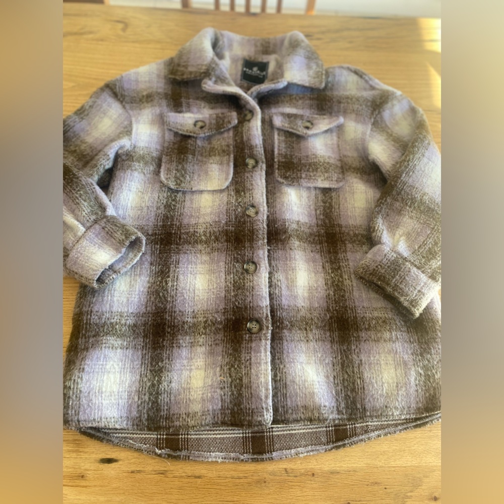 Bagatelle Collection Plaid Teddy Shacket Jacket Cream Purple Women’s Large Pre